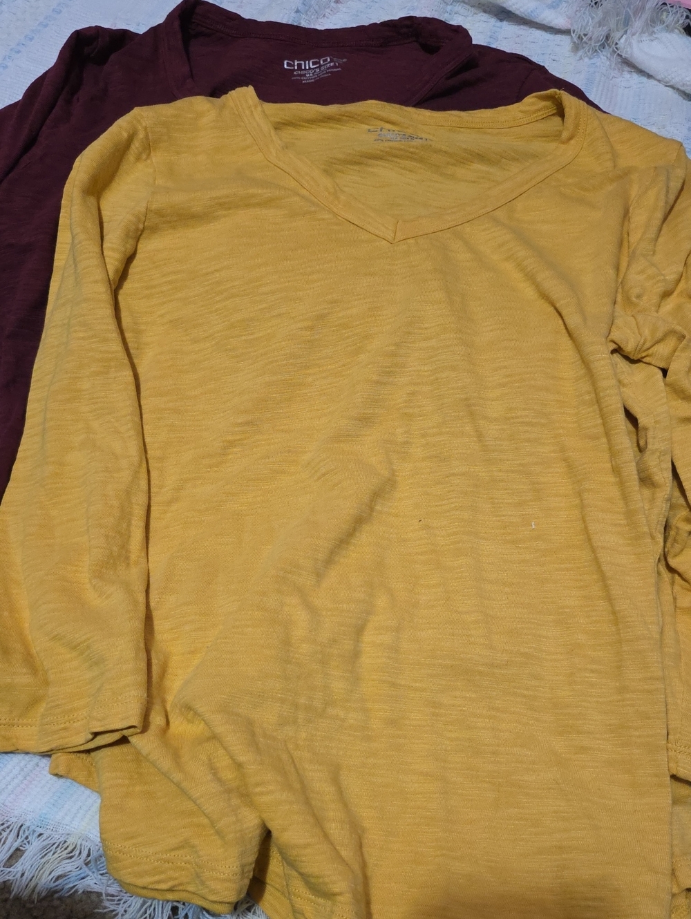 2 Chico's V-Neck 3/4 Sleeve Tops - Mustard and Burgundy, Medium
